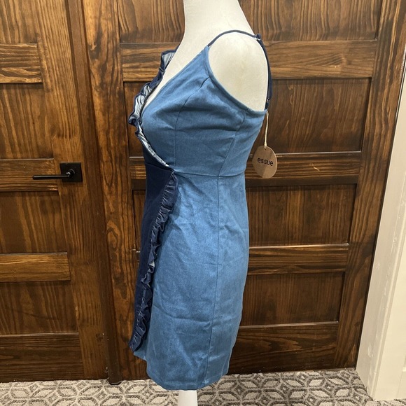 Essue Dress Women Small Denim dress V Neck Two Tone Ruffle‎ Knee Length Denim - Picture 5 of 11